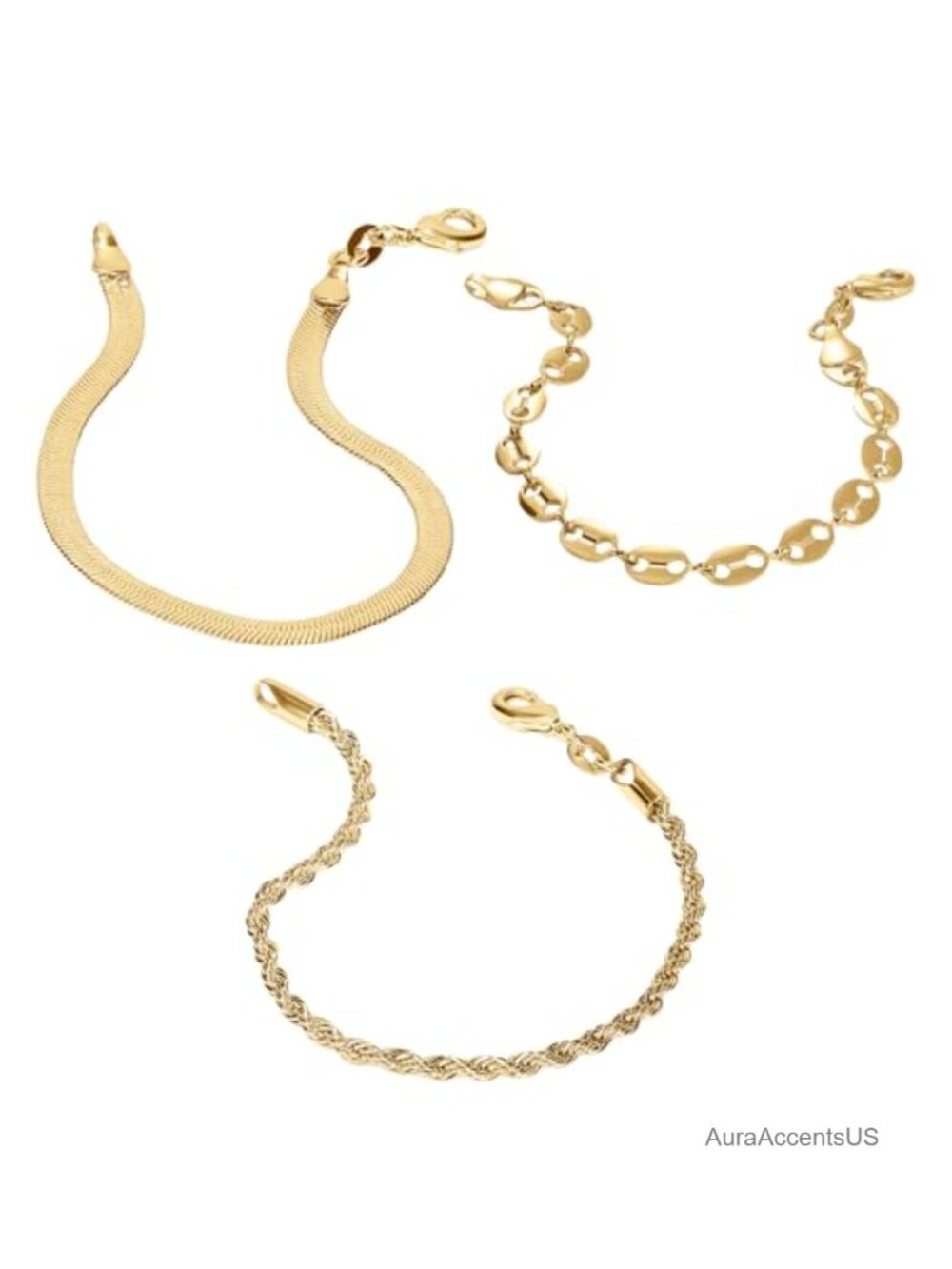 Gold PVD Coated 3-Piece Bracelet Set Waterproof Hypoallergenic Stackable